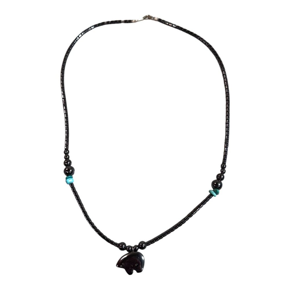 Hematite Turquoise Beaded Necklace Bear Pendant 19" Handcrafted Southwestern Vtg - Picture 7 of 7